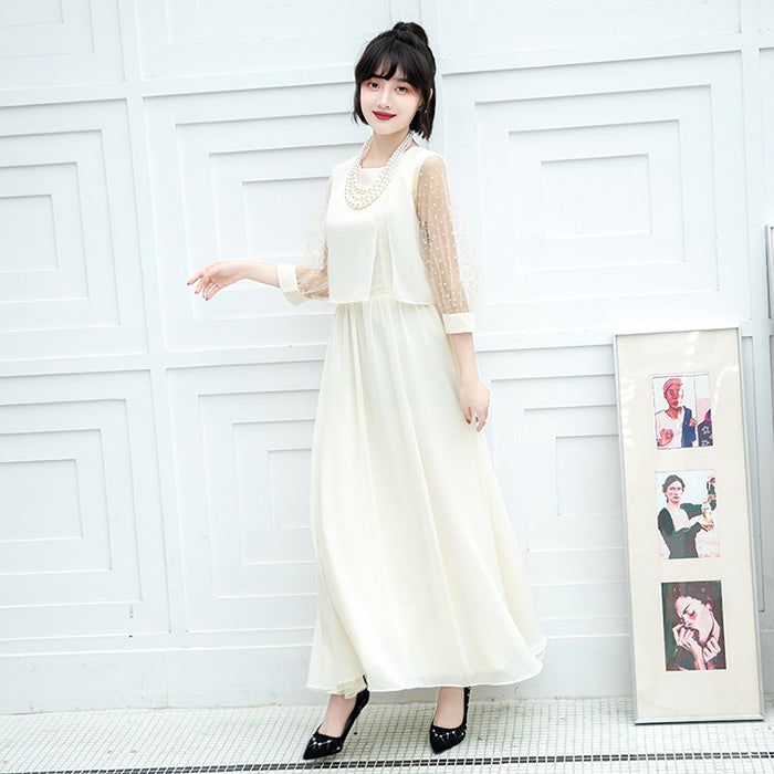 シフォン袖のシャンパンホワイト・エレガンスドレスワンピース(3L/4L/5L/6L)オケージョン/結婚式