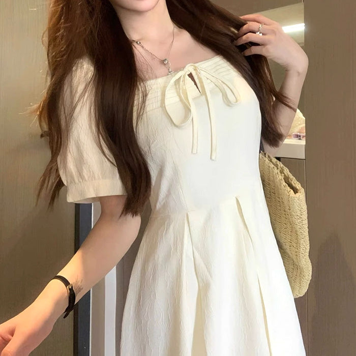 大きいサイズ レディース ミルクアイボリー・リボンフレアワンピース(LL/3L/4L/5L)