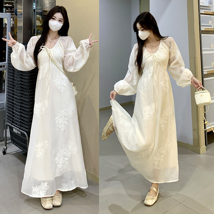シフォンの花かざりロマンティックワンピース(L/LL/3L/4L/5L)
