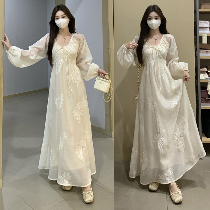 シフォンの花かざりロマンティックワンピース(L/LL/3L/4L/5L)