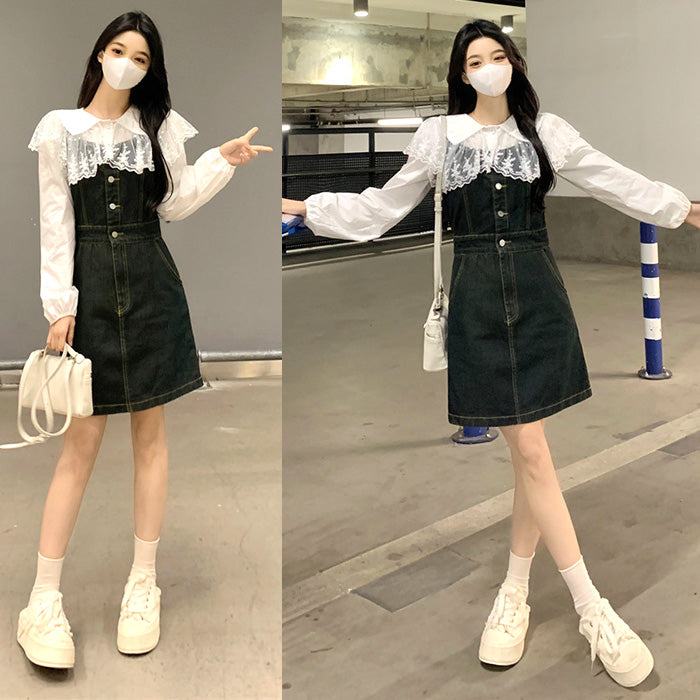 レトロガーリー・デニムジャンスカワンピ&ブラウスの2点セット(L/LL/3L/4L/5L)