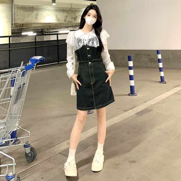 レトロガーリー・デニムジャンスカワンピ&ブラウスの2点セット(L/LL/3L/4L/5L)