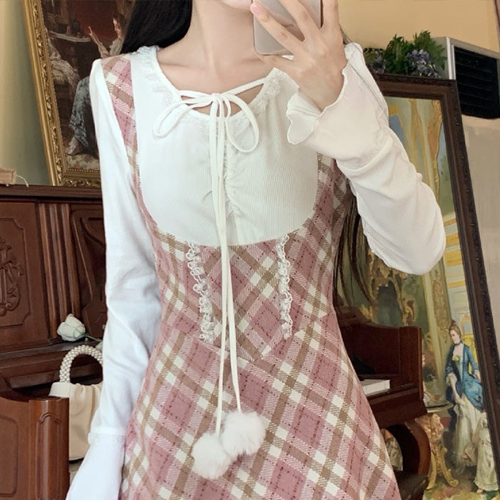 チェックガーリー・ポンポンリボンワンピース(L/2L/3L/4L/5L)