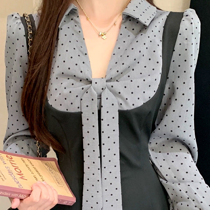 チャコールグレー・レトロシフォンリボンワンピース(L/LL/3L/4L/5L)