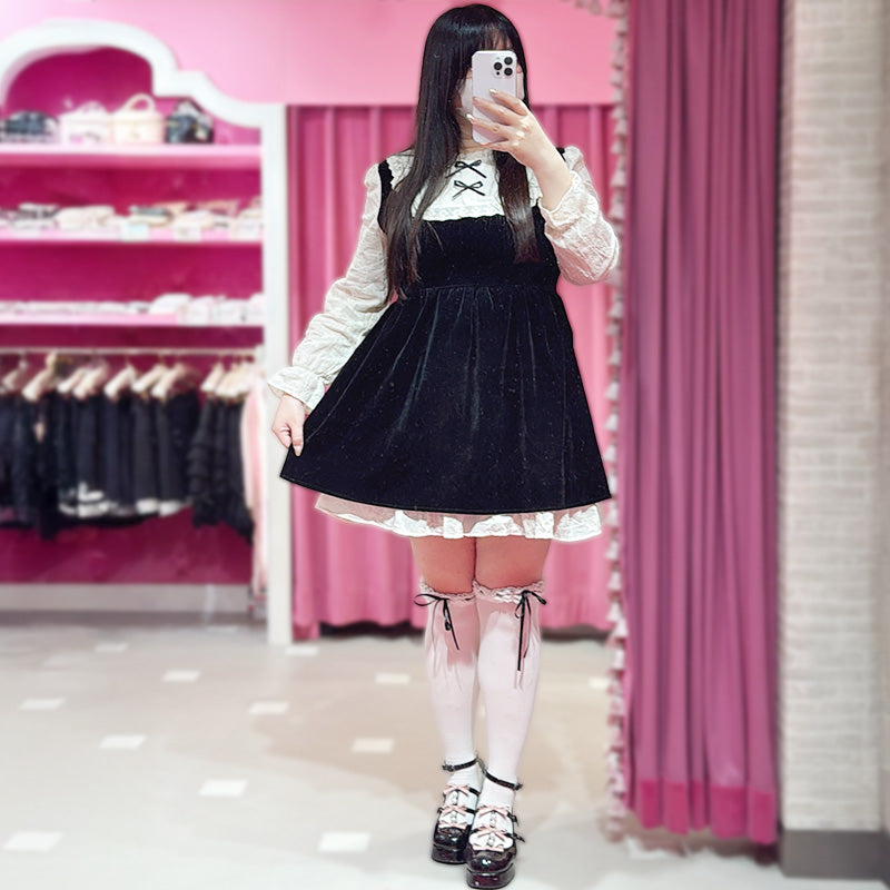 ブラックベルベットのドールリボンミニワンピ-ス(3L/4L/5L)