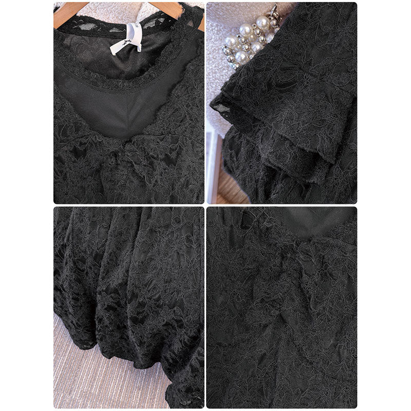 大きいサイズ レディース 黒レース・エレガントドレープワンピース(3L/4L/5L/6L/7L)