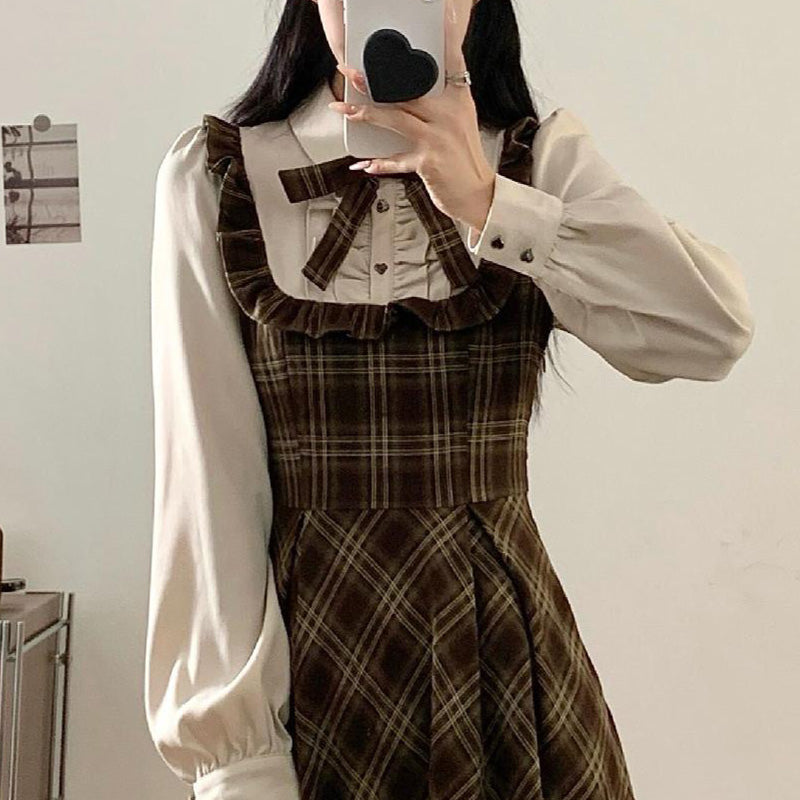 大きいサイズ レディース ときめき仕立てのブラウンハートチェックロングワンピース(3L/4L/5L)