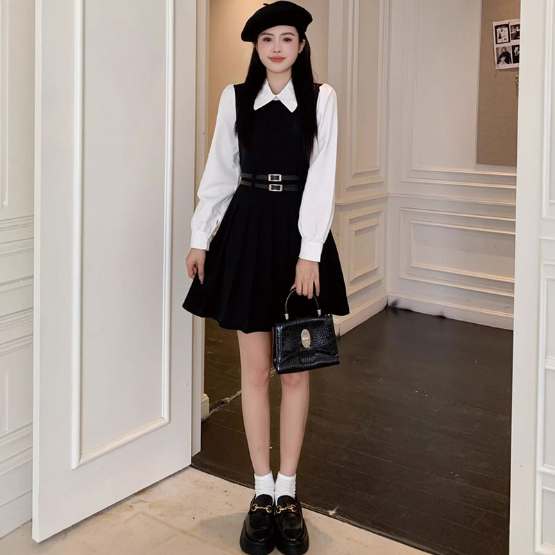 大きいサイズ レディース クラシカルガール・ダブルベルトプリーツワンピース(L/LL/3L/4L/5L)