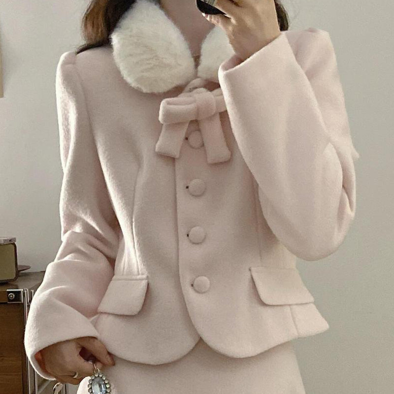 シュガーミルク・ファーカラーフレアセットアップ(L/LL/3L/4L/5L)