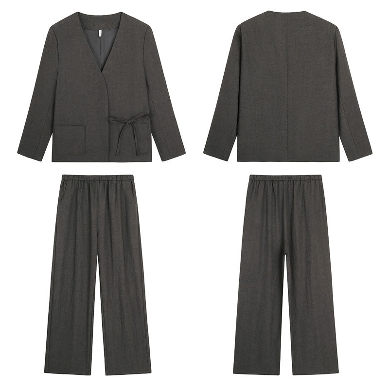 大きいサイズ レディース 抜け感ノーカラーのゆる美シルエットスーツセット(LL/3L/4L/5L/6L)