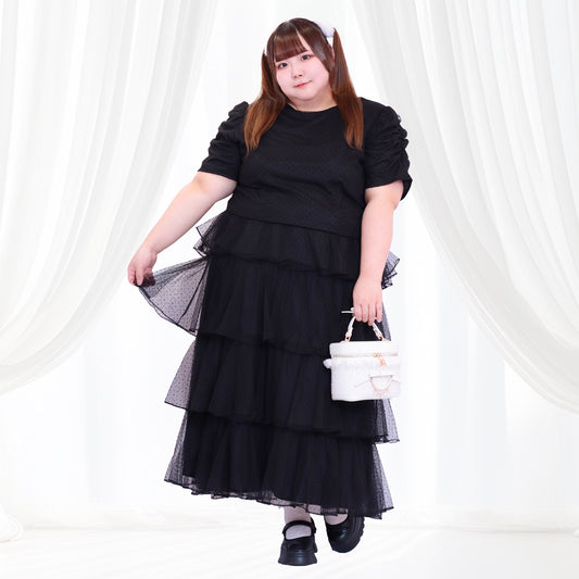 ノワール・ドットチュール・バックリボンティアードセットアップ(3L/4L/5L/6L)/Taberunosky(タベルノスキー)