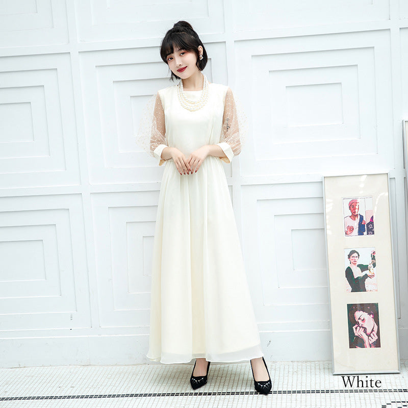 シフォン袖のシャンパンホワイト・エレガンスドレスワンピース(3L/4L/5L/6L)オケージョン/結婚式