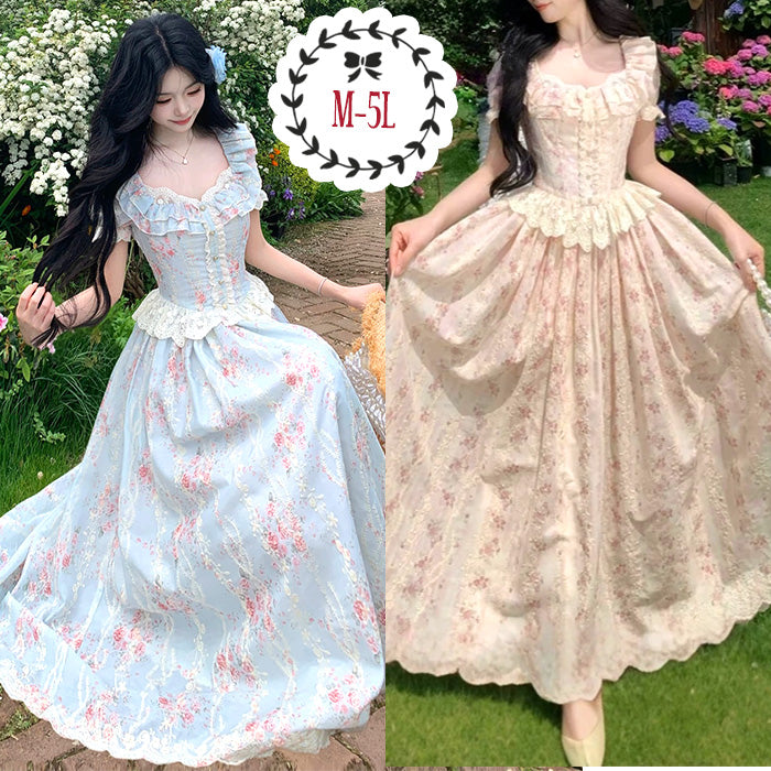 本棚プリント レース半袖ワンピース 大きいサイズ レディース｜お花畑のプリンセスロリータワンピ(LL/3L/4L