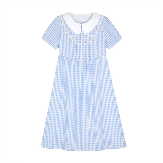 大きいサイズ レディース ブルーギンガムチェック丸襟レースワンピース 半袖 フリルリボンデザイン 平置きイメージ