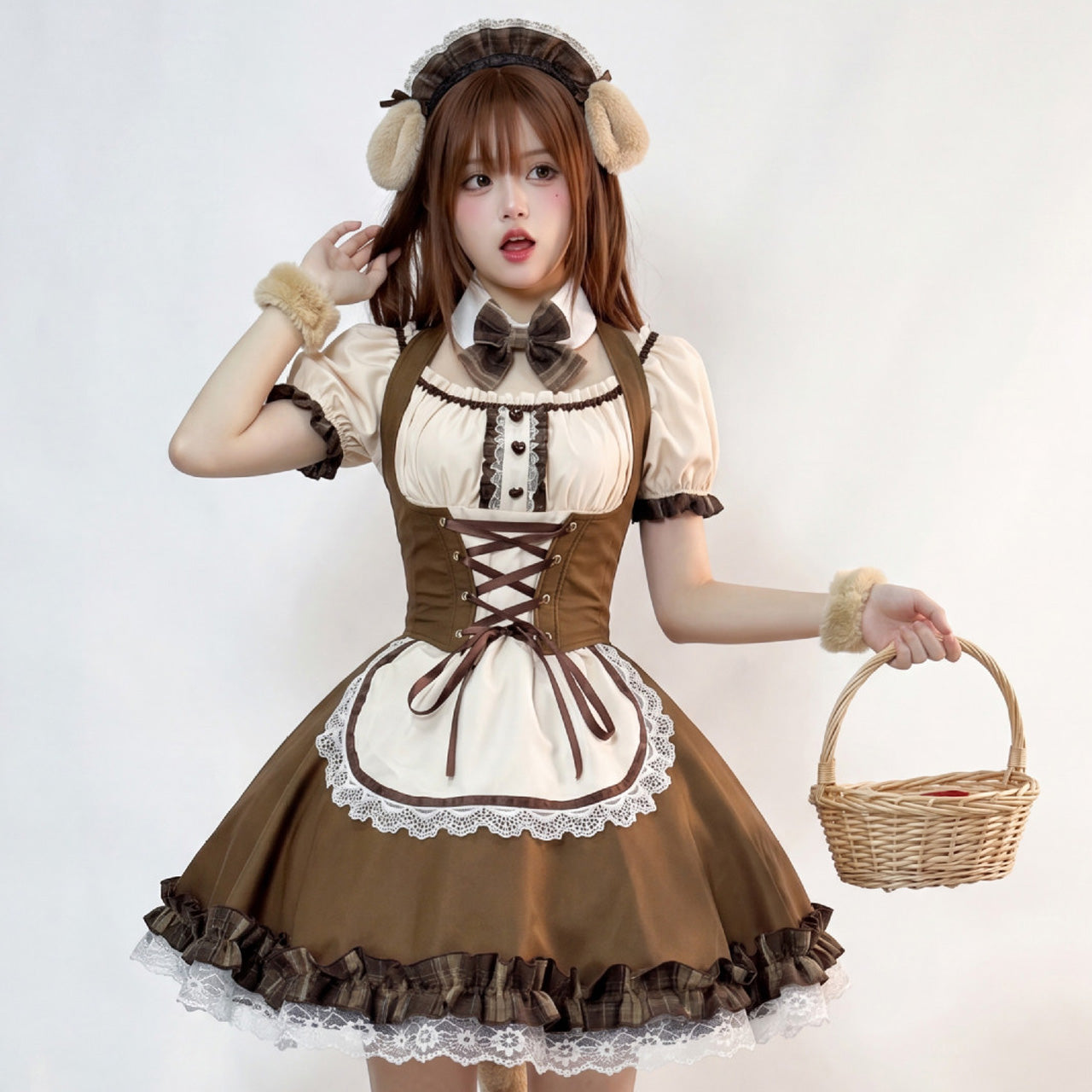 大きいサイズ レディース ブラウンチェックのワンちゃんメイドワンピ・ハロウィン・コスプレ(M/L/LL/3L/4L/5L/6L)