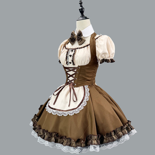 ブラウンチェックのワンちゃんメイドワンピ・ハロウィン・コスプレ(M/L/LL/3L/4L/5L/6L)