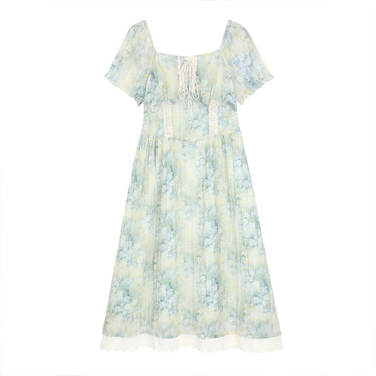 大きいサイズ レディース 淡いミント花柄レース切替ロングワンピース 半袖 スクエアネック ふんわり平置き