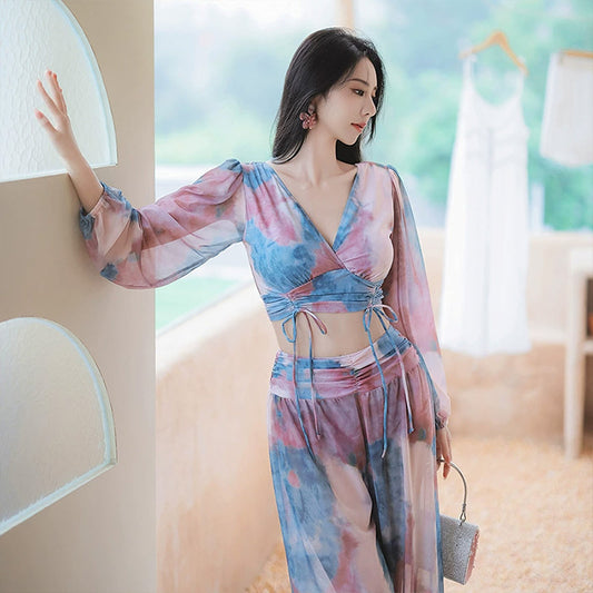 タイダイ柄シアー袖セパレートセットアップスイムウェア水着(L/LL/3L)