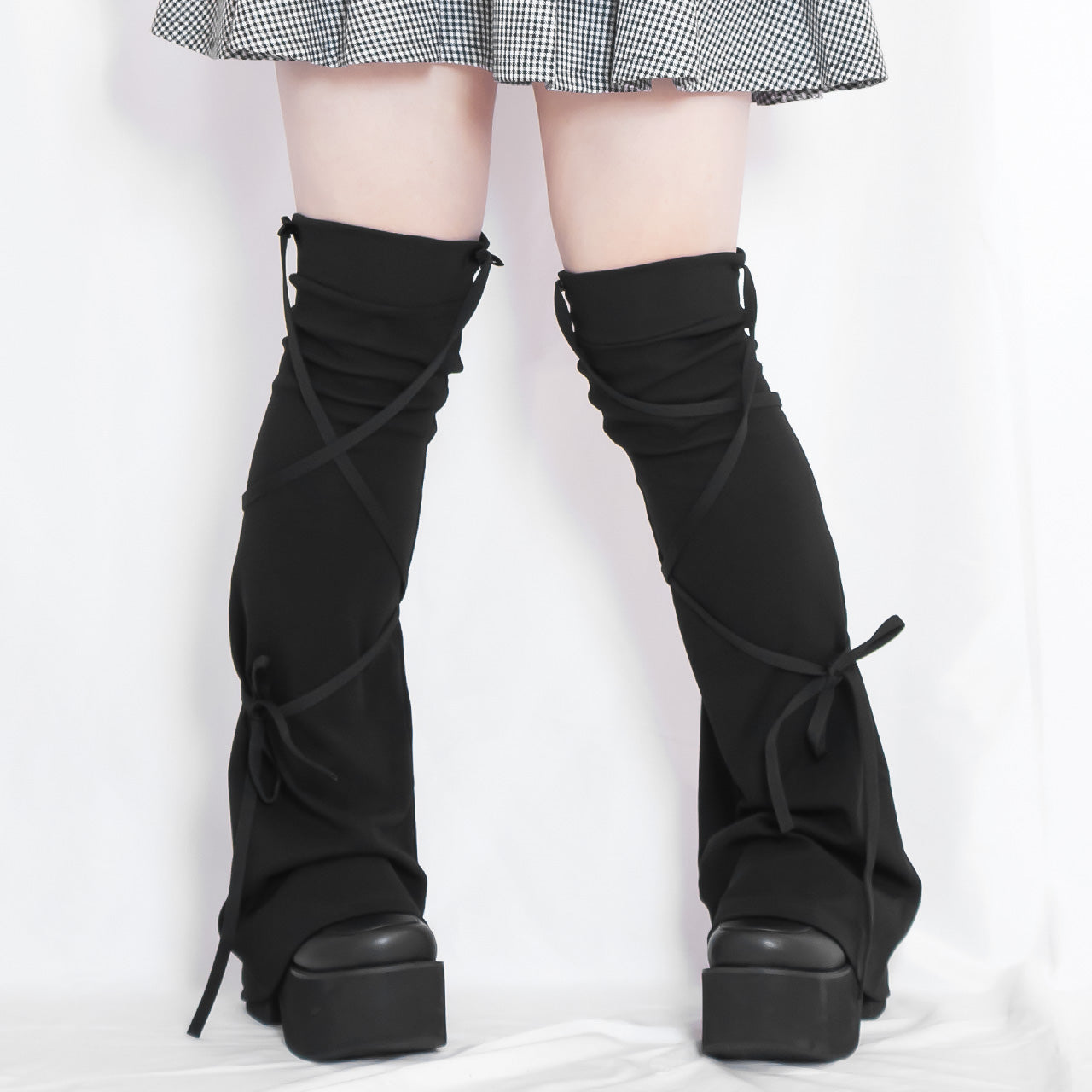 大きいサイズ レディース｜ブラックリボン美脚ロングレッグウォーマー