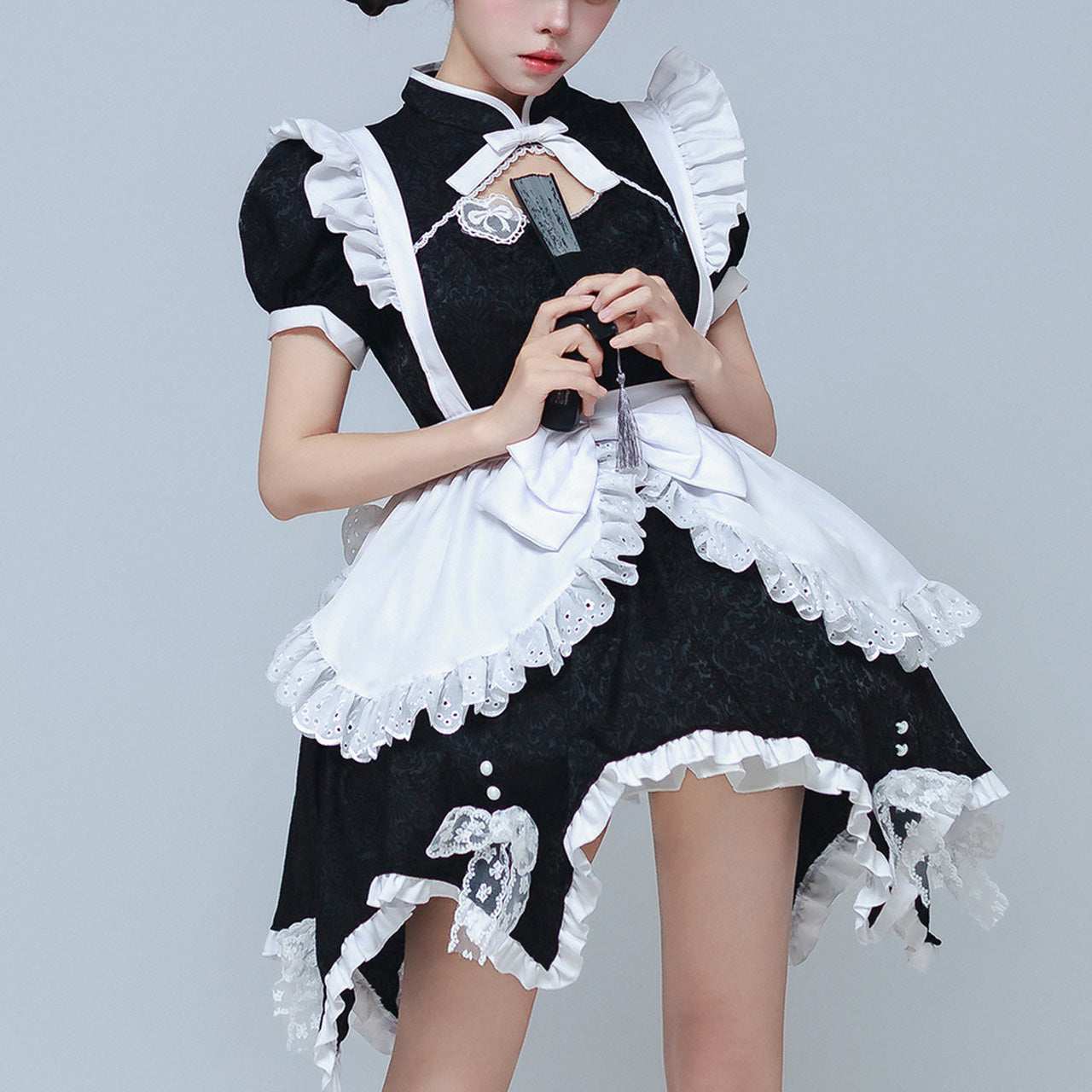 大きいサイズ レディース｜White and Black Jacquard Chinese Maid