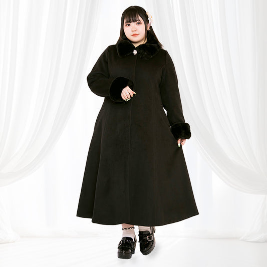 大きいサイズレディースファー＆ブローチ付きロング丈コート(3L/4L/5L/6L)/Taberunosky（タベルノスキー）