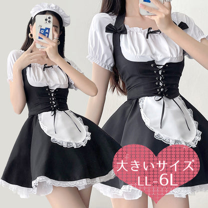大きいサイズレディースコルセット風ショート丈メイド服ワンピ―ス (2L/3L/4L/5L/6L)/大きいサイズ/コスプレ/ハロウィン