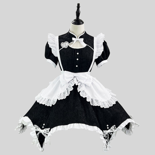 大きいサイズレディース白と黒のジャガードチャイナメイドワンピース (M/L/2L/3L/4L/5L/6L)/コスプレ