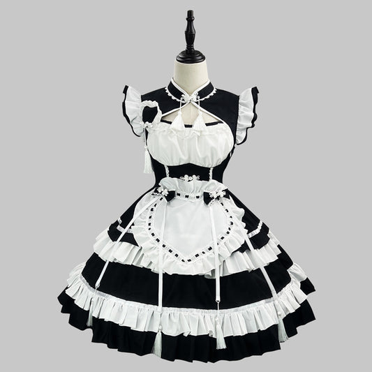大きいサイズレディース黒ロリィタチャイナ風メイドコスチュームセット (M/L/LL/3L/4L/5L/6L)/コスプレ