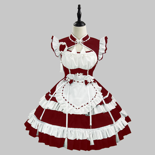 大きいサイズレディース赤ロリィタチャイナ風メイドコスチュームセット (M/L/LL/3L/4L/5L/6L)/コスプレ