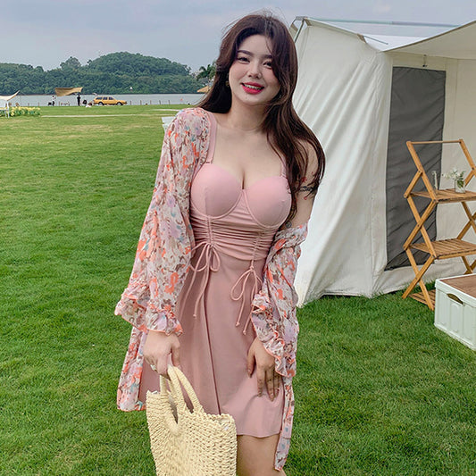 大きいサイズ ぽっちゃり水着花柄カーディガン付きワンピース ・スイムウェア 3点セット(2L/3L/4L/5L/6L/7L)