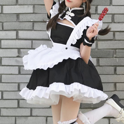 大きいサイズレディースチャイナ風胸開きブラックメイド服ワンピ―ス (M/L/2L/3L/4L/5L/6L)/コスプレ/ハロウィン/クリスマス