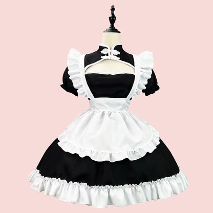 大きいサイズレディースチャイナ風胸開きブラックメイド服ワンピ―ス (M/L/2L/3L/4L/5L/6L)/コスプレ/ハロウィン/クリスマス