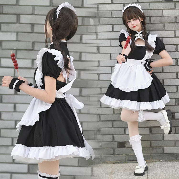 チャイナ風胸開きブラックメイド服ワンピ―ス (M/L/2L/3L/4L/5L