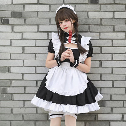 大きいサイズレディースチャイナ風胸開きブラックメイド服ワンピ―ス (M/L/2L/3L/4L/5L/6L)/コスプレ/ハロウィン/クリスマス
