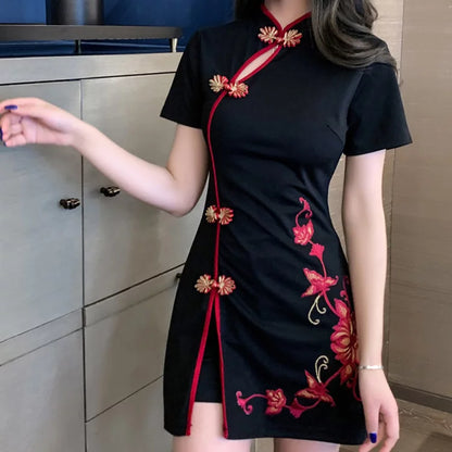 チャイナ風上品刺繍スリットワンピース (M/L/LL/3L/4L)/キャバドレス/ギャル