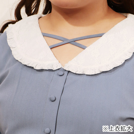 大きいサイズレディースレース襟のブルーミニ丈ワンピース（ワンサイズ/3L-4L-5L相当)/Taberunosky（タベルノスキー）
