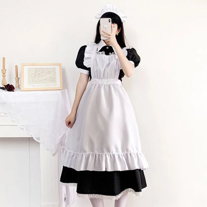 大きいサイズレディースロングフリル半袖メイド服ワンピ―ス (M/L/2L/3L/4L/5L/6L)/コスプレ/ハロウィン