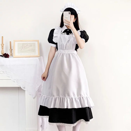 大きいサイズレディースロングフリル半袖メイド服ワンピ―ス (M/L/2L/3L/4L/5L/6L)/コスプレ/ハロウィン