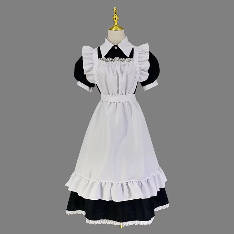 大きいサイズレディースロングフリル半袖メイド服ワンピ―ス (M/L/2L/3L/4L/5L/6L)/コスプレ/ハロウィン