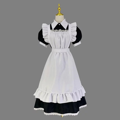 大きいサイズレディースロングフリル半袖メイド服ワンピ―ス (M/L/2L/3L/4L/5L/6L)/コスプレ/ハロウィン