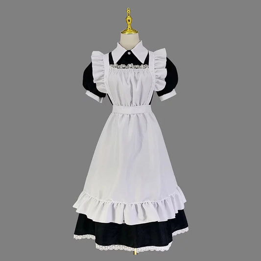 大きいサイズレディースロングフリル半袖メイド服ワンピ―ス (M/L/2L/3L/4L/5L/6L)/コスプレ/ハロウィン