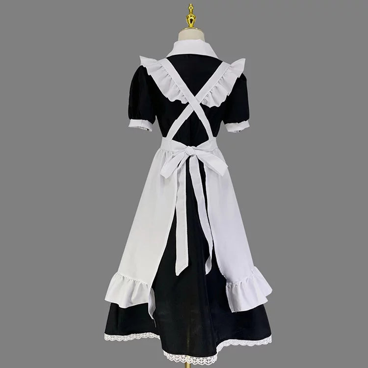 大きいサイズレディースロングフリル半袖メイド服ワンピ―ス (M/L/2L/3L/4L/5L/6L)/コスプレ/ハロウィン