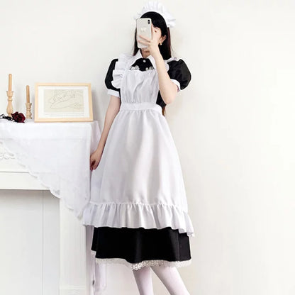 大きいサイズレディースロングフリル半袖メイド服ワンピ―ス (M/L/2L/3L/4L/5L/6L)/コスプレ/ハロウィン