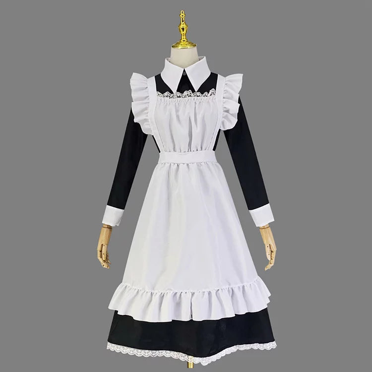 大きいサイズレディースロングフリル長袖メイド服ワンピ―ス (M/L/2L/3L/4L/5L/6L)/コスプレ/ハロウィン