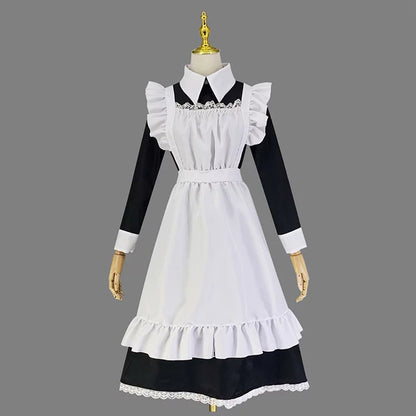 大きいサイズレディースロングフリル長袖メイド服ワンピ―ス (M/L/2L/3L/4L/5L/6L)/コスプレ/ハロウィン