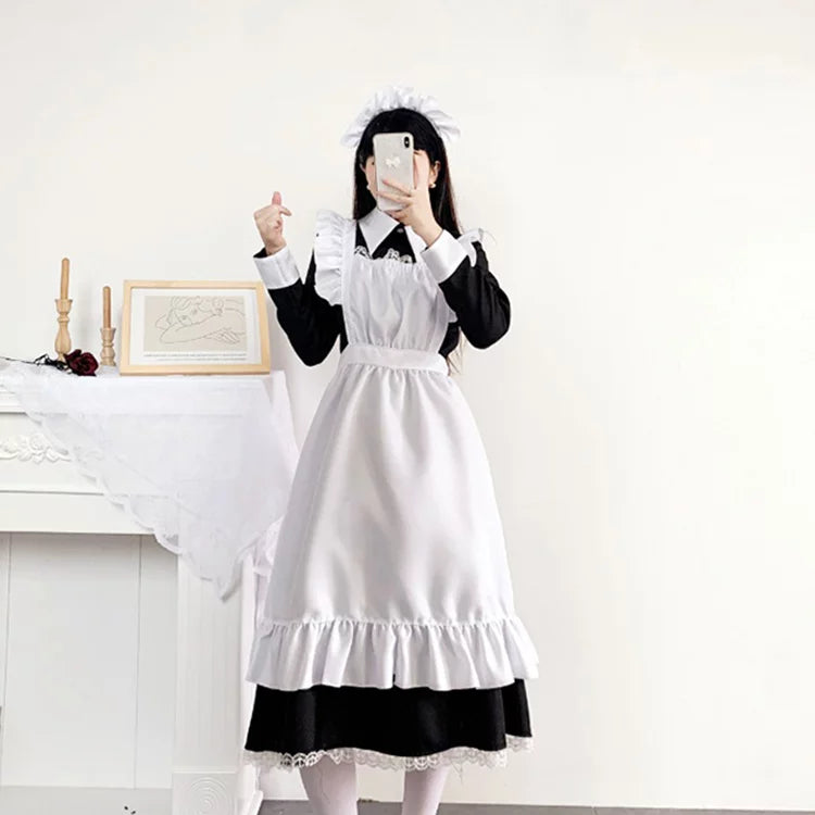 大きいサイズレディースロングフリル長袖メイド服ワンピ―ス (M/L/2L/3L/4L/5L/6L)/コスプレ/ハロウィン