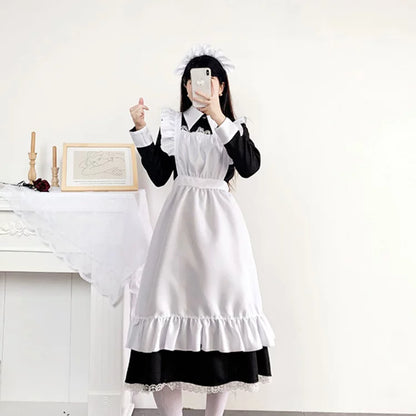 大きいサイズレディースロングフリル長袖メイド服ワンピ―ス (M/L/2L/3L/4L/5L/6L)/コスプレ/ハロウィン