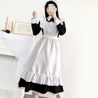 大きいサイズレディースロングフリル長袖メイド服ワンピ―ス (M/L/2L/3L/4L/5L/6L)/コスプレ/ハロウィン