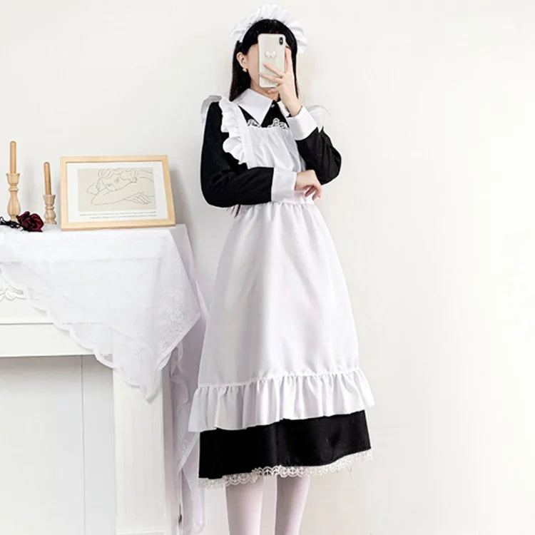 大きいサイズレディースロングフリル長袖メイド服ワンピ―ス (M/L/2L/3L/4L/5L/6L)/コスプレ/ハロウィン