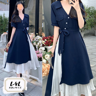 【大きいサイズのトップスランキング】とろみネイビーレイヤードシャツワンピース(L/LL/3L/4L)